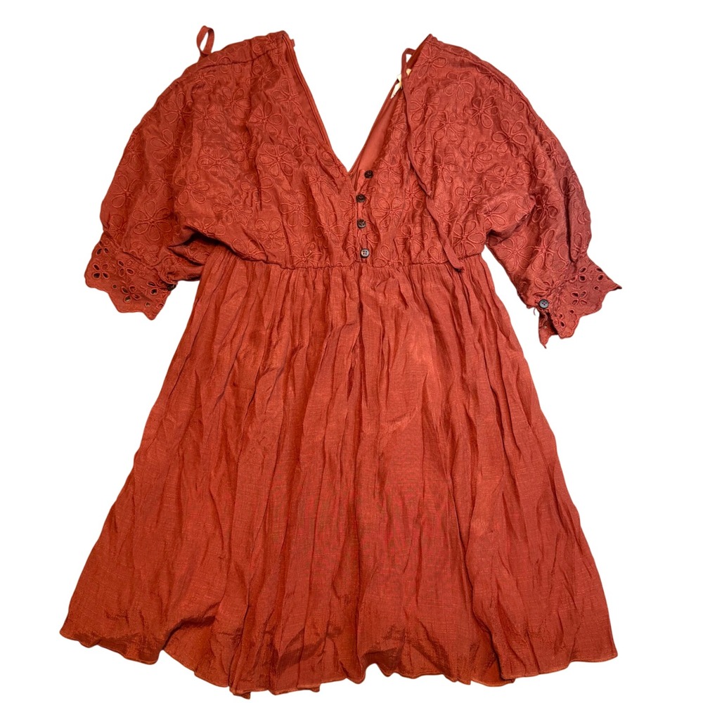 Rebellion Again Boho Rust Orange Lace Boho Mini Dress V-Neck Open Back Large